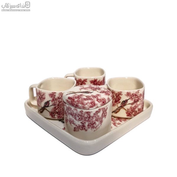 تصویر  ست 5 تكه چاي‌خوري مربع طرح مرغ ميناي قرمز S3-007