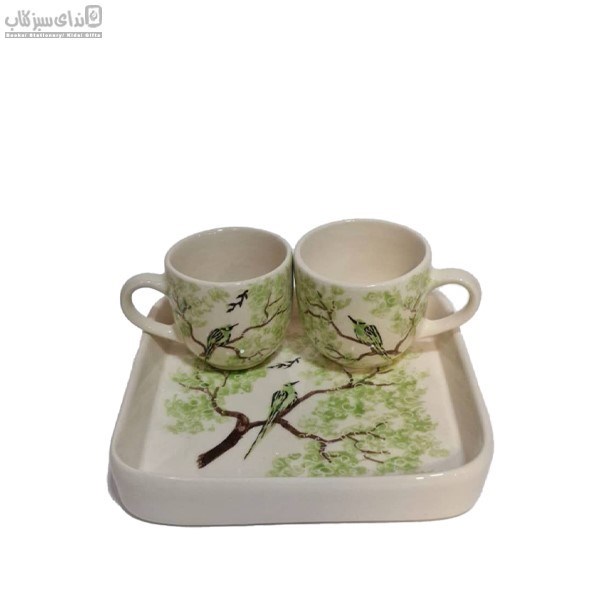 تصویر  ست دبل دسته‌دار طرح مرغ ميناي سبز چمني S22-015